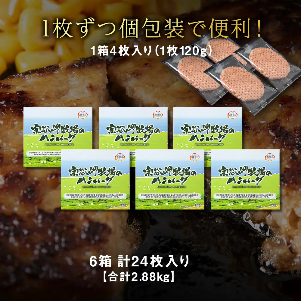 【稚内ブランド認定品】宗谷岬牧場のハンバーグ　120g4枚入×6箱(合計24枚)【配送不可地域：離島・沖縄県】