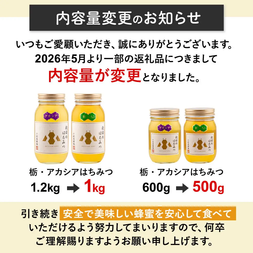《先行受付》【新蜜】小松養蜂場 はちみつ 秋田県産 100％ アカシアはちみつ 500g