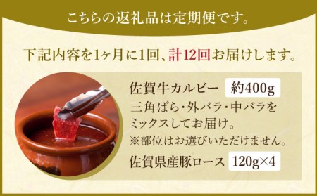 【全12回定期便】三栄の味付け肉（佐賀牛 カルビー 400g＋豚 ロース 4枚） HAA046 佐賀牛 和牛 焼肉 国産