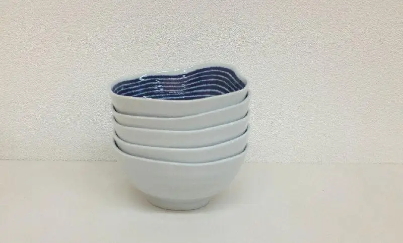 【AB403】【波佐見焼】φ約１３cmとんすい小鉢５個組藍染駒筋 【西海陶器】 ５　32548