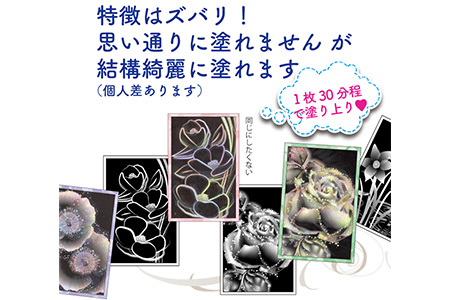 ご長寿向けの『虹色ぬりえ』【ハガキ30枚組＋虹色色鉛筆3本】　スクラッチアートみたいな不思議な虹色の仕上がり。白い部分をなぞって描くだけで思いの外綺麗な仕上がり！ぬりえ教室で利用実績あり！好評の絵柄を集めました！※着日指定不可