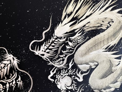 現代水墨画家 絵師白道 作「一筆銀双龍」｜絵画 アート インテリア 手描き [0623]