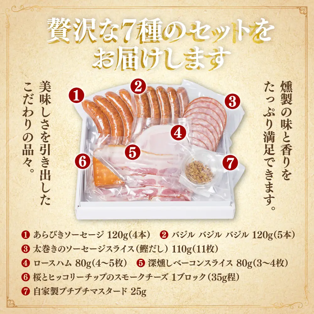 カネムマンの手造り燻製7種セット あらびき バジル ソーセージ スライス ハム ベーコン スモークチーズ 自家製 マスタード 燻製  おつまみ おかず 肉 豚肉 詰め合わせ カネムマン