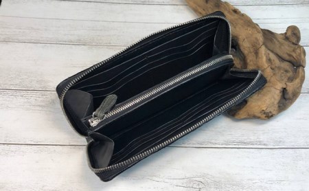 木目調の漉き模様革フルラウンドファスナー財布（黒） ファッション小物 長財布 牛 革製品 