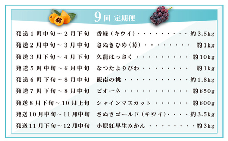 讃州丸亀 フルーツ定期便 9回 旬のフルーツ 果物定期便 キウイ いちご 桃 シャインマスカット ピオーネ みかん びわ 八朔 柑橘