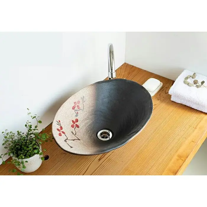 【信楽焼・明山】赤絵付楕円手洗鉢(W40cm)　washbowl-10