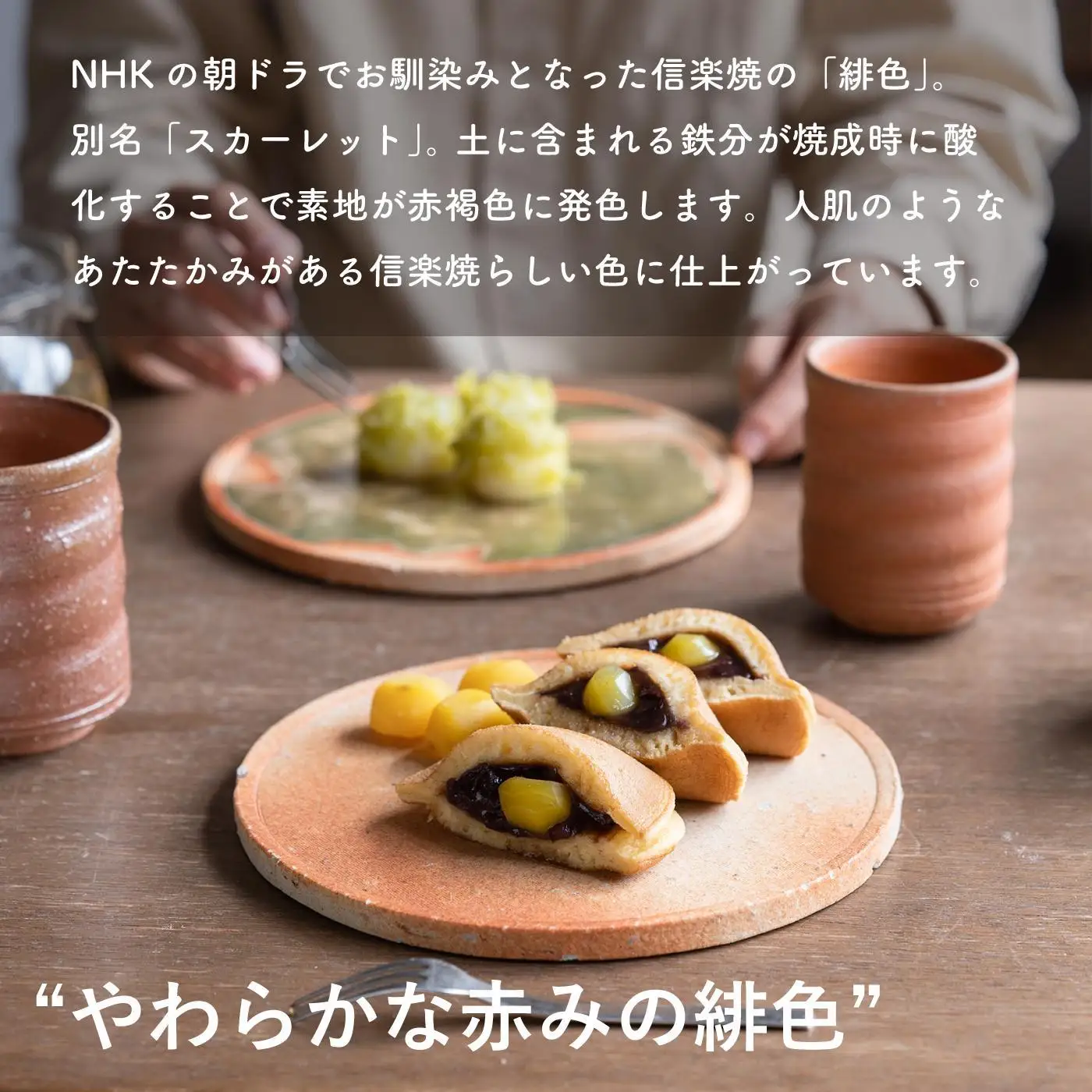 【信楽焼・明山】古信楽丸プレート L (緋色)　ks-03