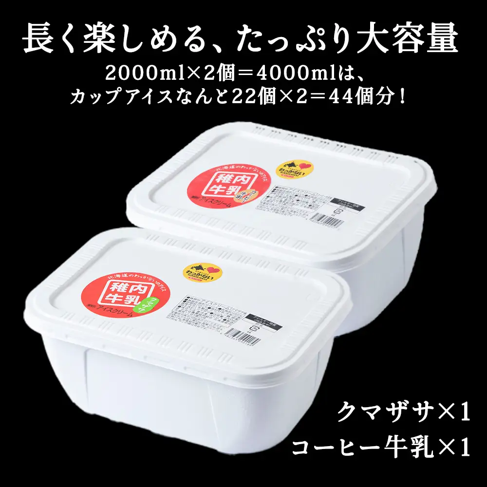 【業務用】稚内牛乳アイスクリーム2000mクマザサ×コーヒー牛乳2個セット【配送不可地域：離島・沖縄県】