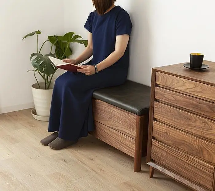 大川家具 シム 100cm ベンチチェスト 収納 レザー 生地 天然木ウォールナット 野中木工所