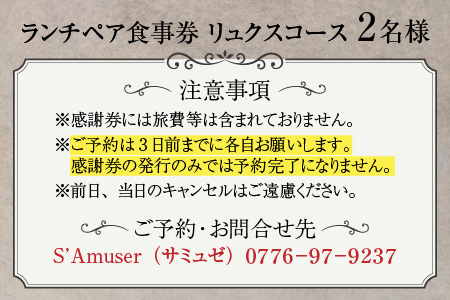 【食事券】ランチペア食事券 リュクスコース（2名様分） [E-9601]