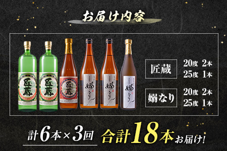 3か月 お楽しみ 定期便 日南市 酒屋 オリジナル 本格 芋焼酎 4種 飲み比べ セット 合計18本 アルコール 飲料 国産 お酒 匠蔵 嫋なり 松の露酒造 古澤醸造 おすすめ 呑み比べ 晩酌 家呑み 宅呑み お祝い ご褒美 記念日 お取り寄せ お土産 宮崎県 送料無料_IF2-22