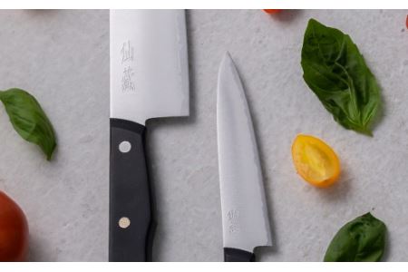 H20-83 モザイクピン付き三徳包丁+ペティセット（EN-01/02） ～切れ味の良い3層鋼ステンレス 日本刀のような波紋 デザイン～