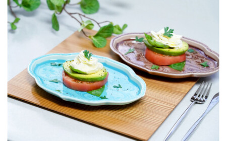 有田焼 春秋彫 色釉変形フラットプレート ペアセット 大慶 A24-54