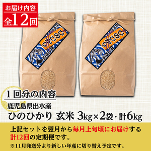 【12回定期便(連続)】鹿児島県 出水市産 ひのひかり 玄米 定期便 (3kg×2袋・計6kg)×全12回 【田上商店】 i663