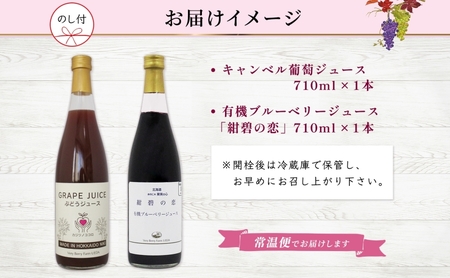 無地熨斗 ぶどうジュース 有機ブルーベリー ジュース 飲み比べ 各1本 計2本 セット群青の瞳 キャンベル ぶどう 紺碧の恋 果汁 100％ お取り寄せ ギフト 北海道 仁木町