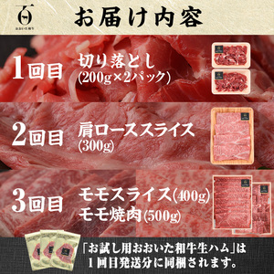 ＜定期便・全3回(連続)＞豊後牛・おおいた和牛定期便(総量1.75kg) 牛肉 国産 和牛 ロース もも 生ハム 焼肉 すき焼き しゃぶしゃぶ 大分県 佐伯市 【FW014】【ミートクレスト】