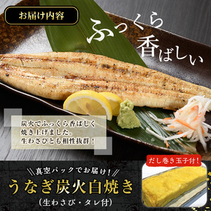 No.309 鹿児島県産うなぎの炭火白焼(1尾・生わさびとタレ付)と自慢の出汁巻き卵1本付！ 国産 九州産 鰻 ウナギ うな重 うな丼 白焼き 卵焼き 出汁巻き 出汁巻きたまご おかず 特産品 お土産 セット冷凍【家むら】