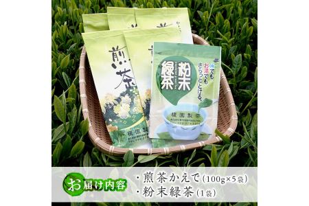 No.616 鹿児島県産の煎茶セット「かえで」かえで(100g×5袋)と粉末緑茶(1袋)【世献 榎園製茶】