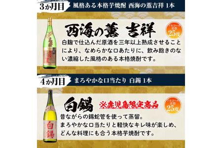 No.766 ＜定期便・全6回(連続)＞南国酒造の厳選芋焼酎定期便Aコース(1800ml×6銘柄各1本・合計10.8L)西海の薫・土壌・白錫・黒錫など！ 鹿児島 九州 酒 芋 焼酎 地酒 薩摩芋 さつま芋 アルコール 飲み比べ セット 定期便 頒布会