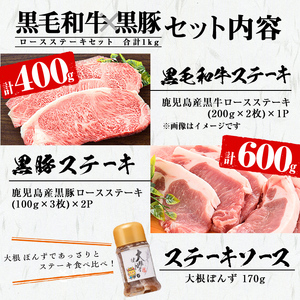 鹿児島 黒毛和牛 黒豚 ロースステーキセット (合計1.3kg) b7-013