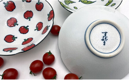 有田焼 野菜畑のボウルセット【ミニトマト・そら豆・なすび】鷹巣瑞光堂 皿食器 器 取り皿 3枚 野菜柄 ボウル 35000円 3.5万円 A35-559