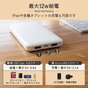 モバイルバッテリー10,000mAh 急速充電 大容量 OWL-LPB10005-WH ホワイト｜家電製品 家電 【オウルテック】