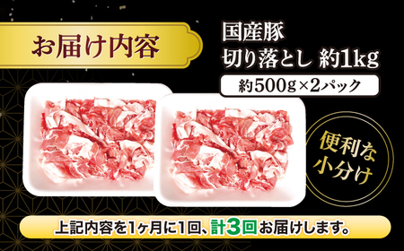 【3回定期便】長崎県産 豚 切り落とし 1kg CFA011 国産豚 こま切れ 便利 小分け