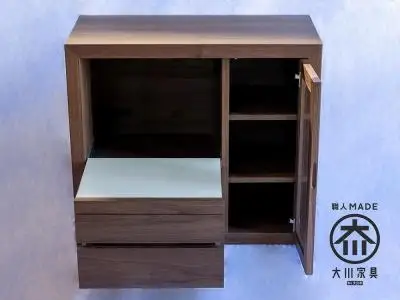 キッチンキャビネット90・ウォールナット 天然木ツキ板 オイルフィニッシュ 食器棚 ロータイプ キッチンカウンター レンジ台 キッチンラック キッチンワゴン キッチン収納 スライドテーブル 新生活