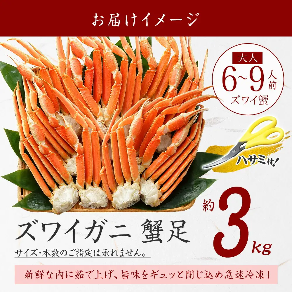 3332. ズワイガニ足 3kg 専用ハサミ付 カニ かに 蟹 海鮮 送料無料 期間限定 数量限定 北海道 弟子屈町