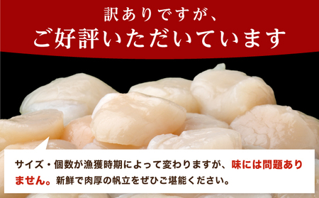 【 3ヵ月 定期便 】北海道 訳あり 冷凍 帆立 貝柱 1.1kg (各回1.1kg×3ヶ月分,合計約3.3kg)  お刺身 新鮮 魚貝類 