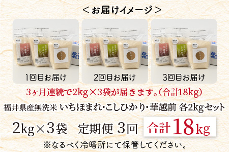 【令和7年産】 定期便 ≪3ヶ月連続お届け≫ 福井産無洗米 いちほまれ こしひかり 華越前 各2kg × 3回 計18kg 【 無洗米 人気 品種 ブランド米 特A 】 [H-6102]
