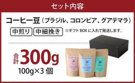 コーヒー豆(ブラジル、コロンビア、グアテマラ) 100g×3個セット 計300g 珈琲 コーヒー