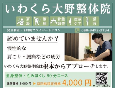 [体験] 全身整体＋もみほぐし体験30分 1回分チケット【0542】