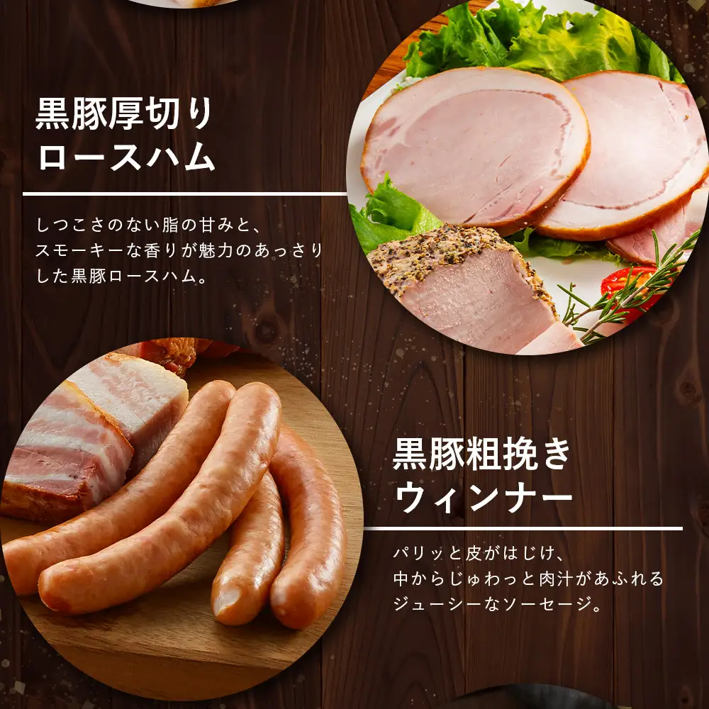 鹿児島県産 黒豚ギフトB 8種セット 約1.48kg NS-513 ❘ 肉 お肉 豚肉 豚 にく ぶた かごしま黒豚 焼豚 モモハム パストラミ ベーコン 厚切り ハム ウィンナー ボロニア 生ハム ウィンナー 冷蔵 詰め合わせ 贈り物 鹿児島県 南大隅町 南州農場
