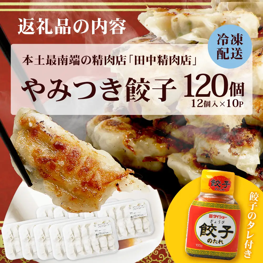 《リピーター続出！》佐多の田中肉屋 ニンニクたっぷりやみつき餃子 120個（12個入り×10パック） 餃子のタレ付き TA-402 | ぎょうざ 餃子 ギョウザ 豚肉 ひき肉 にんにく スタミナ餃子 焼くだけ 簡単 小分け 大容量 手作り お惣菜 おかず 冷凍 鹿児島県 南大隅町 田中精肉店
