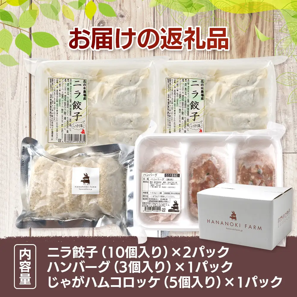 花の木農場【人気惣菜セット】３種 HK-504｜餃子 ぎょうざ ギョウザ ハンバーグ ハムコロッケ コロッケ 冷凍 工場直送 簡単調理 国産 厳選 お弁当 おかず 焼くだけ 揚げるだけ ノウフク 鹿児島県 南大隅町 第2花の木ファーム