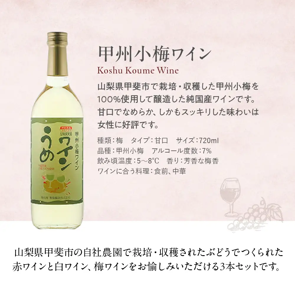 【敷島 赤 ＆ 敷島 白 & 甲州小梅ワイン】720ml × 3本 セット 敷島醸造 白ワイン 赤ワイン わいん 小梅ワイン 辛口 ワインセット 飲み比べ 日本ワイン 国産ワイン 甲州 山梨 甲斐市 F-3
