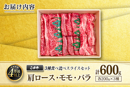 宮崎黒毛和牛『こゆ牛』3種食べ比べ スライスセット 計600g（肩ロース・モモ・バラ）各200g A4等級以上【C405】