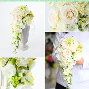 【D67001】ホワイトとグリーンのキャスケードブーケ(ブートニアにも使える小花付き) ブーケ 造花 ウェディング ウエディングブーケ 結婚式 アーティフィシャルフラワー インテリア プレゼント ギフト 贈答 母の日【花の店すわした】