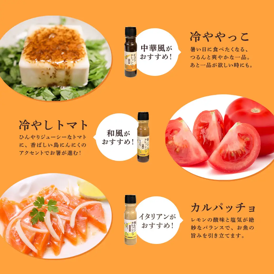 ドレッシング (3本セット) 厳選素材 こだわり 保存料不使用 島ニンニク 塩レモン モズク 料理 調味料 奄美大島 宇検村 鹿児島