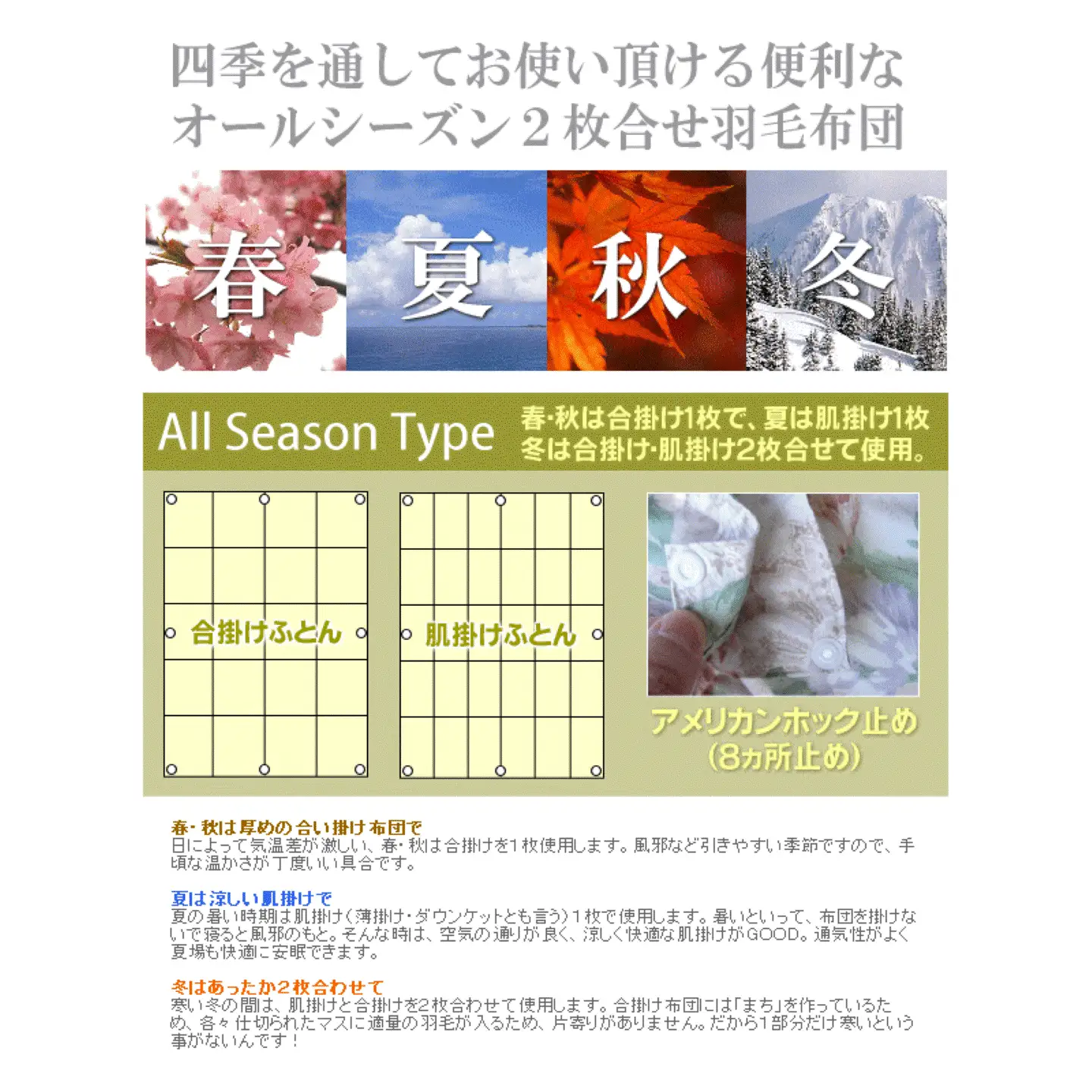 【クィーン】洗濯機で洗える2枚合わせ羽毛ふとん【新津】｜  合い掛け 肌掛け オールシーズン