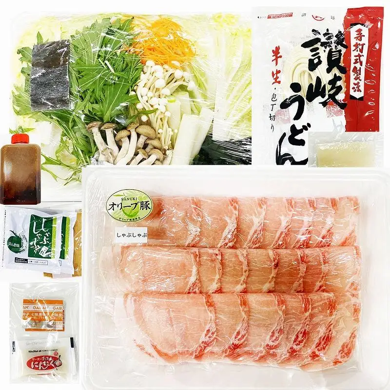 しゃぶまる特製 オリーブ豚 ロース しゃぶしゃぶ 2人前 野菜セット & 〆の讃岐うどん付き