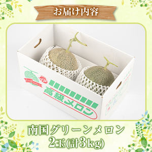 ＜先行予約受付中！2026年6月下旬以降順次発送予定＞数量限定！鹿児島県産南国グリーンメロン(2玉・計3kg) 数量限定 メロン フルーツ 青肉 果物 くだもの 果実 国産 九州産 鹿児島県産【松永青果】akn053-03