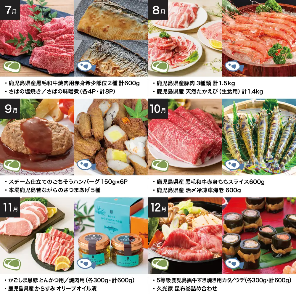 【定期便】海幸山幸 エクストラ厳選 定期便（全12回） お肉 お魚 豚肉 牛肉 黒豚 鹿児島黒牛 すき焼き サーロイン ステーキ しゃぶしゃぶ 角煮 鰻 蒲焼 刺身用 たかえび 薩摩甘えび 海老 マグロ さつま揚げ 焼豚 ハム レトルト ハンバーグ 出汁 鰹節