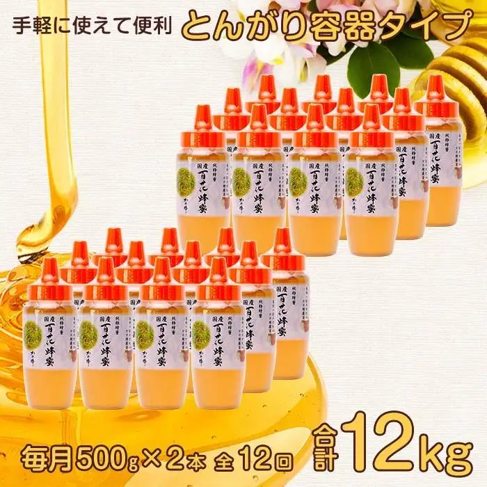 【全12回】 定期便 かの蜂 国産 百花蜂蜜 合計12kg（とんがり容器500gを毎月2本お届け） 純粋はちみつ ハチミツ 非加熱 ハニー 大容量 024-T006