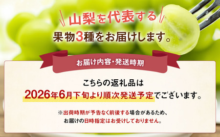 【先行受付】【3回 定期便 】山梨県産 フルーツ 『 桃 2kg & シャインマスカット 1.8kg & キウイフルーツ 1.5kg』 [ えべし 山梨県 中央市 21470867] 果物 くだもの もも マスカット キウイ 【2026年6月下旬-2027年1月下旬発送予定】