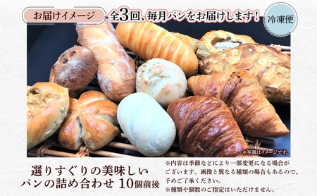 3ヶ月定期便 おまかせ 詰め合わせ パン 10個前後入り アソート 北海道産小麦 春よ恋 天然酵母 クロワッサン 朝食 冷凍配送 クール便 無料配送 神奈川県 逗子市 カフェ ラ・シャット・ロンロン