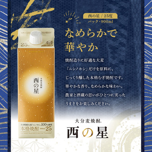 西の星 25度 パック(計10.8L・900ml×12本)酒 お酒 むぎ焼酎 900ml 麦焼酎 常温 西の星 三和酒類 紙パック【107304300】【時枝酒店】