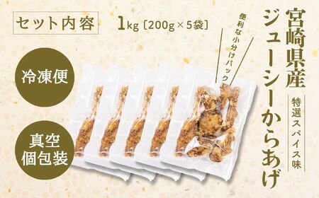 【レンジでプロ味！】宮崎県産ジューシーからあげ 特選スパイス味 200g×5パック／合計1kg 鶏肉 肉 鶏モモ肉 肉惣菜 惣菜 お惣菜 調理済み 冷凍 個包装 使い勝手 普段使い お弁当 おかず 冷凍食品 冷凍からあげ 簡単調理 宮崎県 高千穂町 _Tk005-060