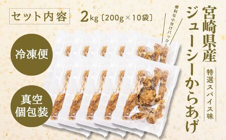 【レンジでプロ味！】宮崎県産ジューシーからあげ 特選スパイス味 200g×10パック／合計2kg 鶏肉 肉 鶏モモ肉 肉惣菜 惣菜 お惣菜 調理済み 冷凍 個包装 使い勝手 普段使い お弁当 おかず 冷凍食品 冷凍からあげ 食品 小分け 便利 レンジ グルメ おすそ分け 簡単調理 宮崎 高千穂 _Tk005-061